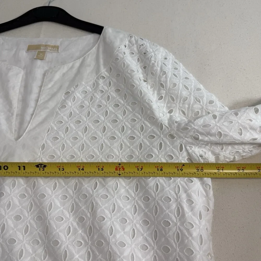 MICHAEL KORS White Cotton Eyelet Top 3/4 Sleeve Blouse Size 12 Tunic Women